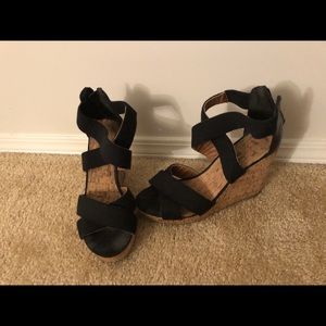 Black strap cork bottom wedges